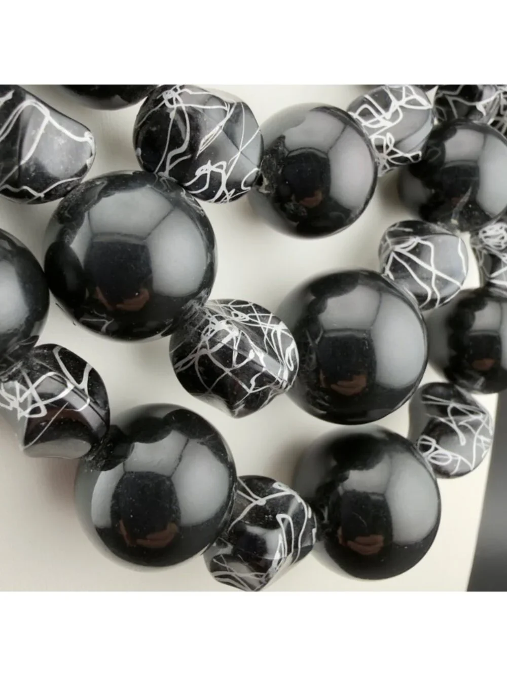 Vintage Beaded Statement Necklace Black Silver Acrylic Multi Strand